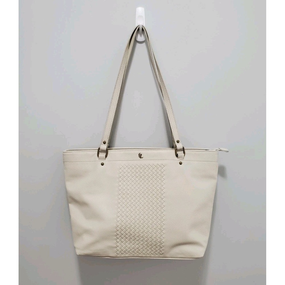 Elliott Lucca Vegan Leather Ayda Satchel Tote Bag Off White Woven Shoulder Purse